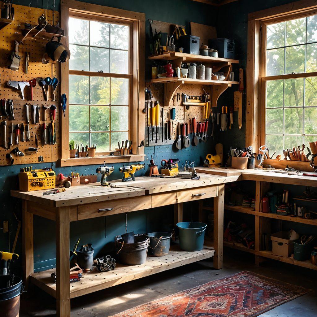 A spacious workshop filled with various DIY tools, including power drills, saws, and hand tools organized on pegboards. A wooden workbench cluttered with projects in progress, rich in textures and colors. Sunlight streaming through a window, casting soft shadows, creating an inviting atmosphere for DIY enthusiasts. Elements like a tool shed outside and essential equipment like safety gear can be subtly included in the background. vibrant colors. realistic style.