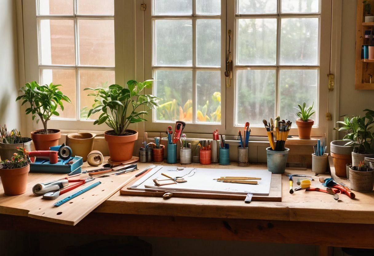 A beautifully organized workshop with various essential DIY tools neatly arranged on a wooden workbench. Bright natural light filtering through a window, illuminating a cozy corner where a vibrant potted plant sits beside a half-finished project. A toolbox open showing colorful tools scattered artistically, with measuring tape and sketches on the table. The background features inspiring DIY project ideas pinned on a corkboard. super-realistic. vibrant colors. warm light.