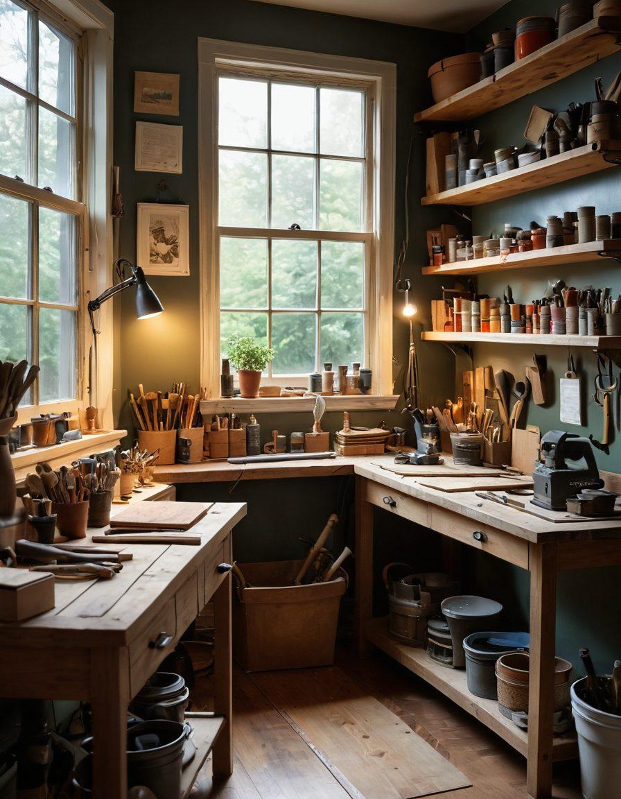 A cozy, beautifully organized home workshop filled with high-quality tools like hammers, drills, and paint supplies, illuminated by warm light filtering through a window. In the background, a partially renovated room showcases different textures of paint and wood, along with blueprints scattered across a workbench, symbolizing creativity and renovation. Add a touch of greenery from potted plants to enhance the inviting atmosphere. super-realistic. vibrant colors. warm lighting.